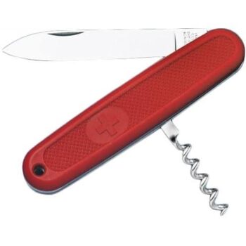 a red swiss army knife with a corkscrew
